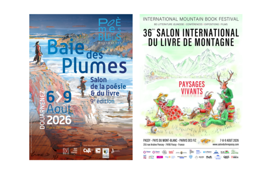 Les affiches du 9e Salon de la poésie et du livre Baie des Plumes, à Douarnenez, et du 36e Salon international du livre de montagne de Passy, placé cette année sous le thème « Paysages vivants ».