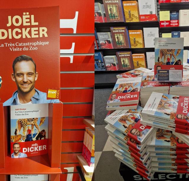 Joël Dicker en tête de gondole à la Fnac Saint-Lazare, à Paris