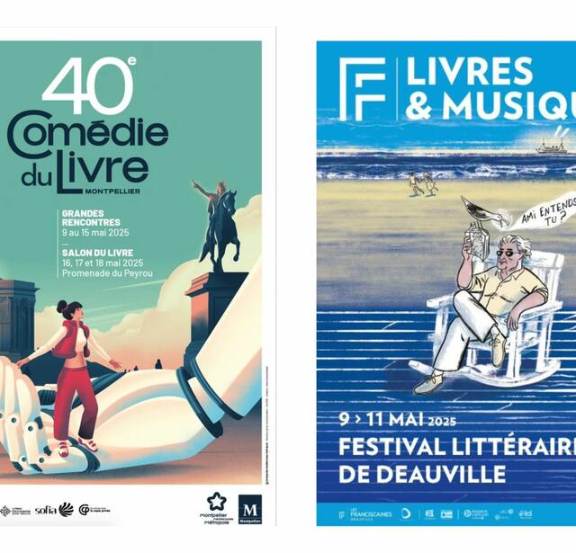 De gauche à droite les affiches du festival Comédie du Livre et du festival Littéraire de Deauville 2025