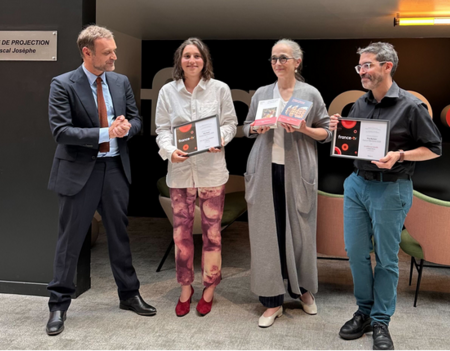 De gauche à droite : Augustin Trapenard, Adèle Yon, Delphine Ernotte Cunci, Philippe Manevy