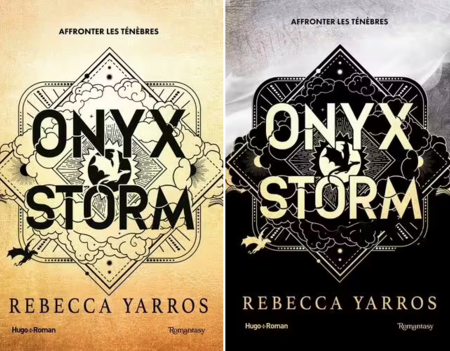 Les couvertures des éditions classique (à gauche) et collector (à droite) d'Onyx Storm, troisième tome de la série Fourth Wing de Rebecca Yarros, paru aux éditions Hugo