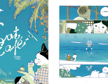 Couverture et planche de Cat Café (Cantina, Dargaud)