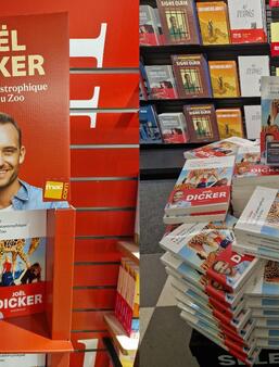 Joël Dicker en tête de gondole à la Fnac Saint-Lazare, à Paris