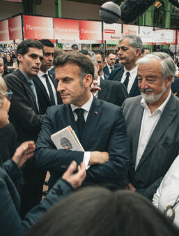 Emmanuel Macron au Festival du livre de Paris, entouré de Françoise Nyssen, Vincent Montagne et Anne-Sylvie Bameule