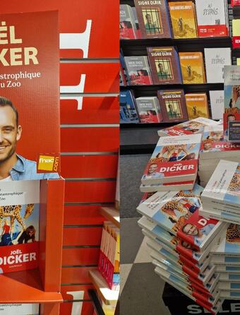 Joël Dicker en tête de gondole à la Fnac Saint-Lazare, à Paris