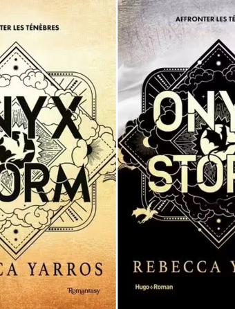Les couvertures des éditions classique (à gauche) et collector (à droite) d'Onyx Storm, troisième tome de la série Fourth Wing de Rebecca Yarros, paru aux éditions Hugo