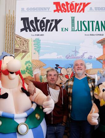 Fabcaro et Didier Conrad lors de la conférence de présentation de l'album "Astérix en Lusitanie" (Albert René)