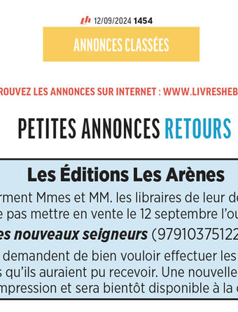 Les Arènes petite annonce dans livres Hebdo