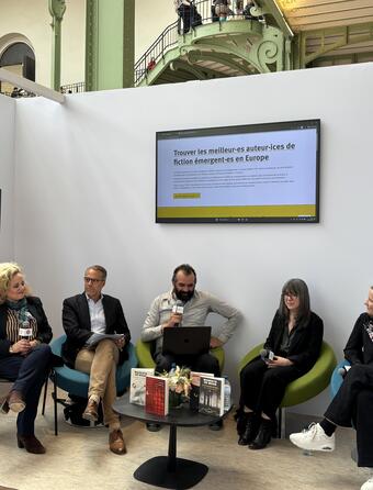 Table ronde prix de l’Union européenne Festival du livre de Paris : Aurélie Bontout-Roche, Patrice Locmant, Alexandre Mouawad, Hélène Frédérick, Katharina Loïc Van Hoof
