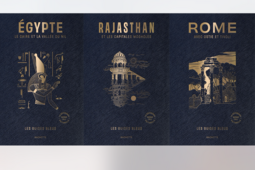 Couverture des guides Égypte, Rajasthan et Rome dans la collection « Les Guides Bleus »